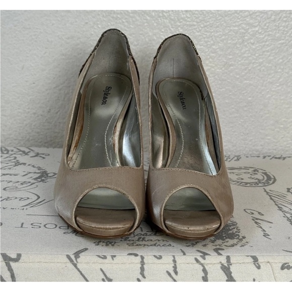 Style & Co NAVEAH Women’s Size 7.5 Open Toe Pumps Taupe Tan Bronze Glitter Heel - Picture 2 of 7